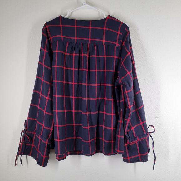 ASOS Curve Plaid Blouse Womens 14 Blue Red Faux Wrap Bell Sleeve Academia - Picture 5 of 9